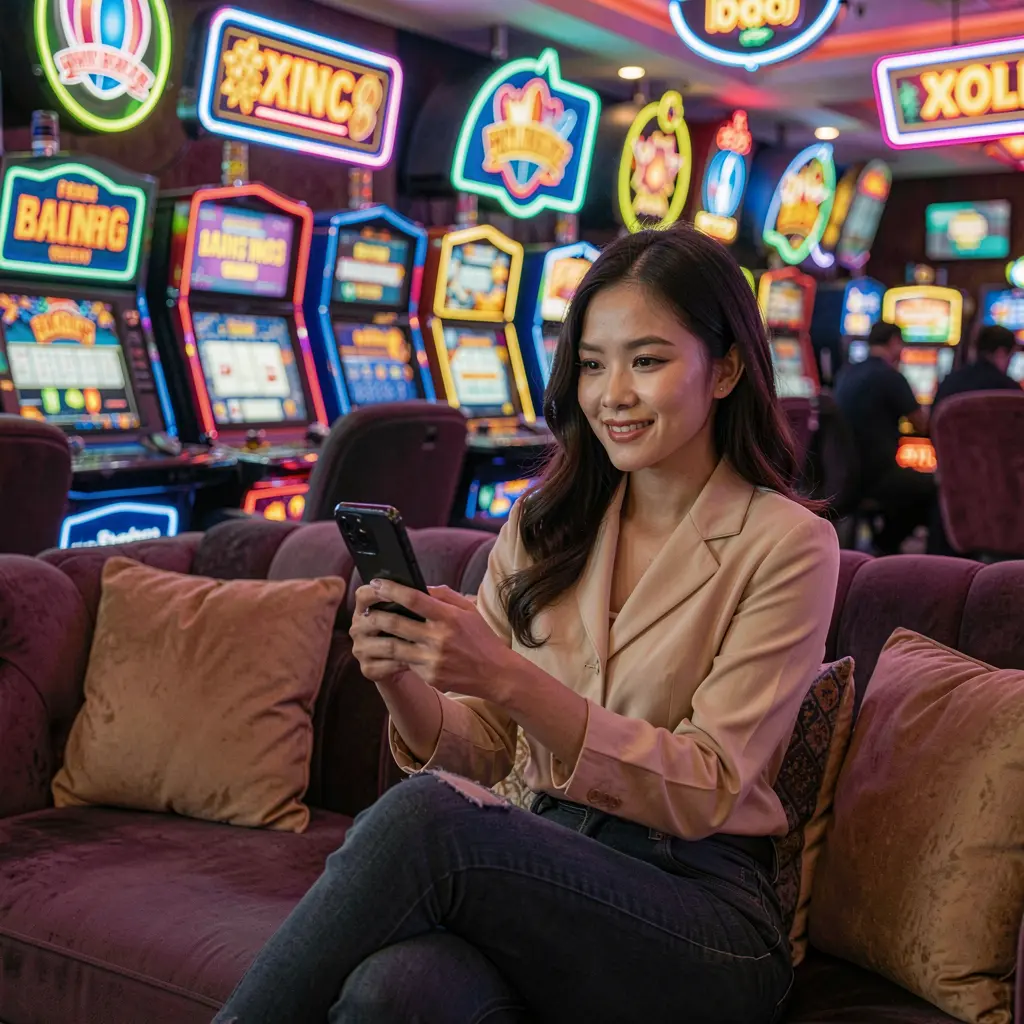 FIZZ77 App – Explore exciting casino games anytime on your mobile device Young Filipino woman browsing casino games on the FIZZ77 mobile app with colorful neon slot symbols glowing behind her