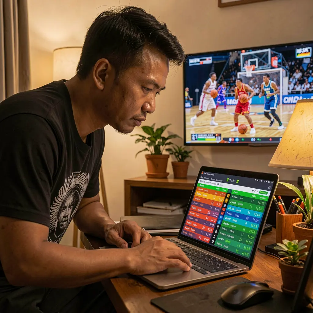 Focused Filipino sports bettor reviewing live basketball odds and statistics on a laptop with game highlights on TV using the FIZZ77 betting platform