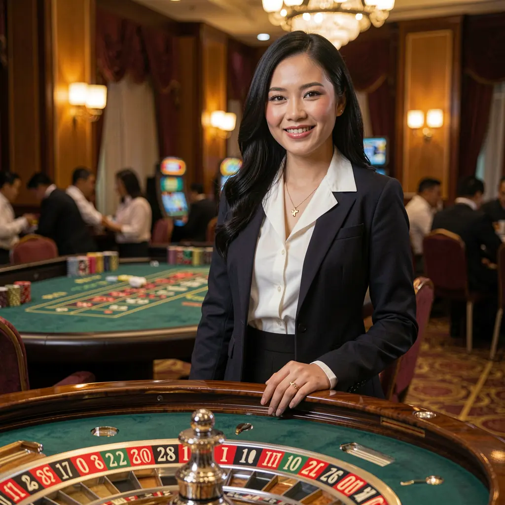 FIZZ77 – Step into a premium live casino experience made for Filipino players Elegant live casino dealer standing at a roulette table in a modern studio with branded FIZZ77 visuals highlighting the premium live casino experience for players in the Philippines